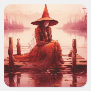Young Red Witch Sits On Broken Pier Square Sticker