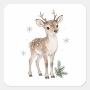 Young Reindeer in Falling Snow Square Sticker
