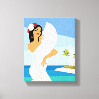 Young Spanish Lady posing with fan in ocean coast Canvas Print
