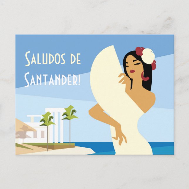Young Spanish Lady posing with fan in ocean coast Postcard (Front)
