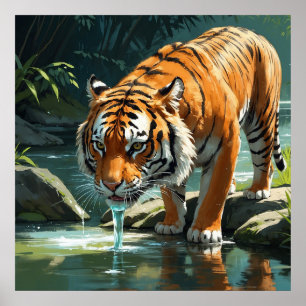 Young Tiger enjoying Water in the River Painting Poster