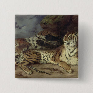 Young tiger playing with his mother, 1830 (oil on 15 cm square badge