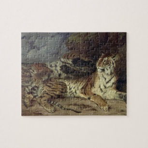 Young tiger playing with his mother, 1830 (oil on jigsaw puzzle