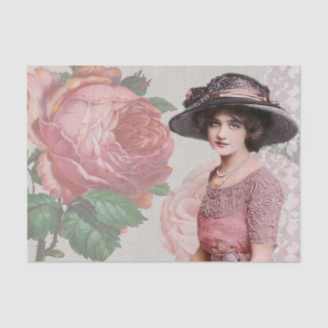 Young Victorian Woman Ornate Flower Dress and Hat Tissue Paper (Front)