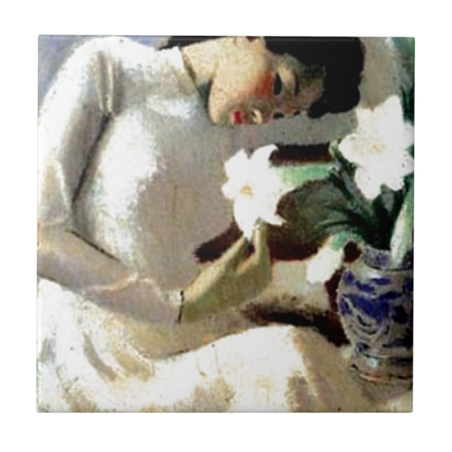 Young Vietnamese Woman with Lily Ceramic Tile (Front)