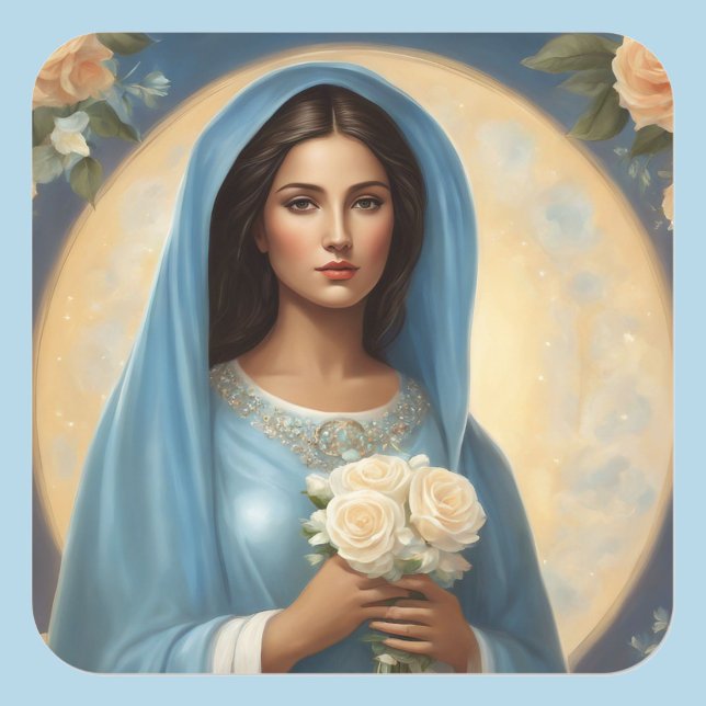 Young Virgin Mary with White Roses Square Sticker (Creator Uploaded)