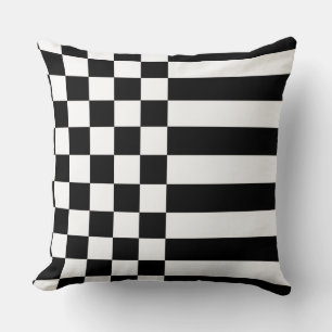 Young White Geometric Stripes & Chequered Black Cushion