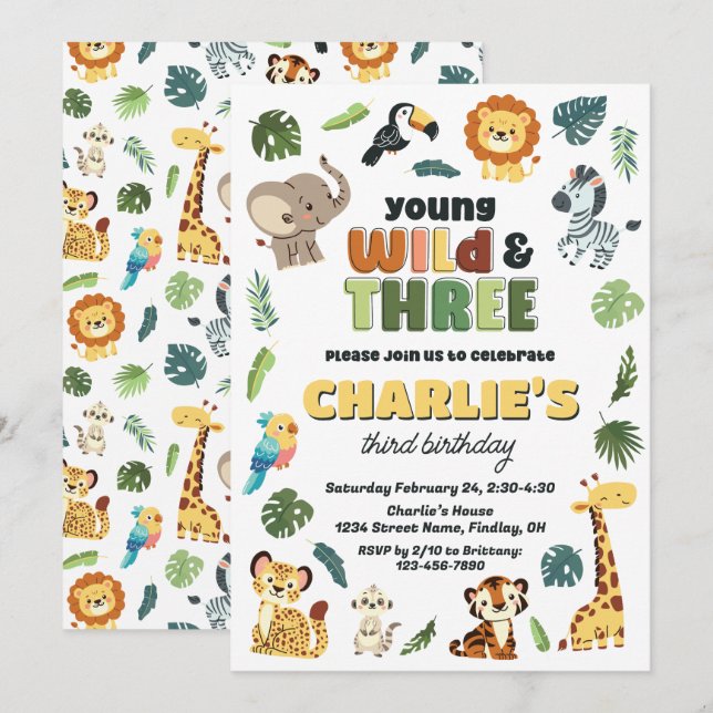 Young Wild & 3 Safari Zoo Animal Birthday Party Invitation (Front/Back)