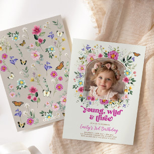 Young Wild & 3 Wildflower Butterfly Birthday Photo Invitation