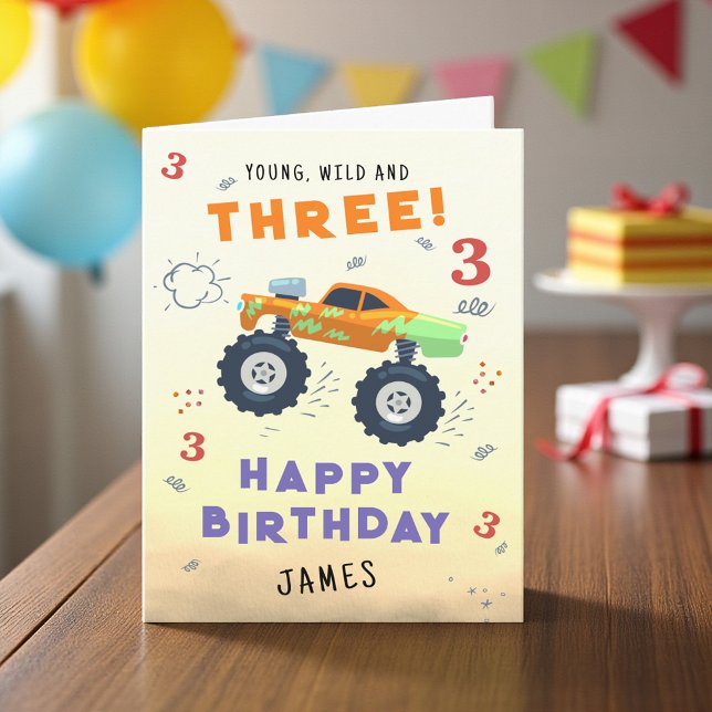 Young Wild 3rd Birthday Kids Monster Car Trucks Card (Creator Uploaded)