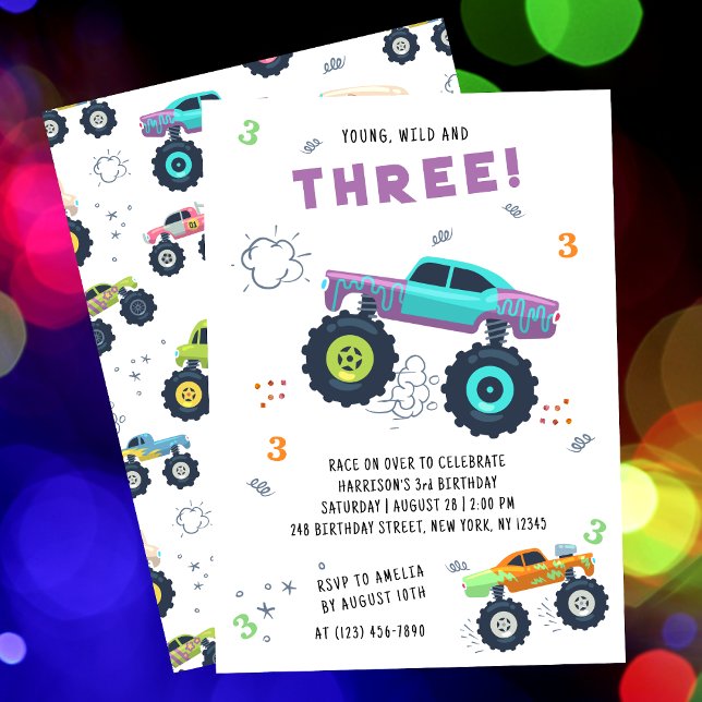 Young Wild 3rd Birthday Kids Monster Car Trucks Invitation (Creator Uploaded)