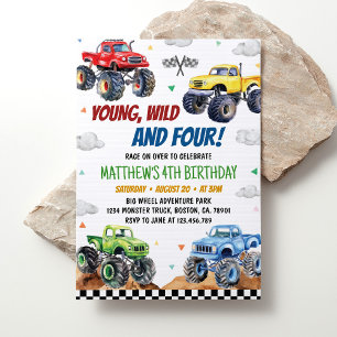 Young Wild 4th Monster Truck Kids Birthday Party Invitation