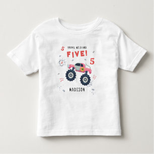 Young Wild And Five 5th Birthday Kids Monster Car Toddler T-Shirt
