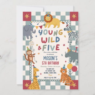 Young Wild And Five 5th Birthday Party Animals Invitation