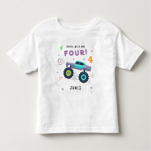 Young Wild And Four 4th Birthday Kids Monster Car Toddler T-Shirt