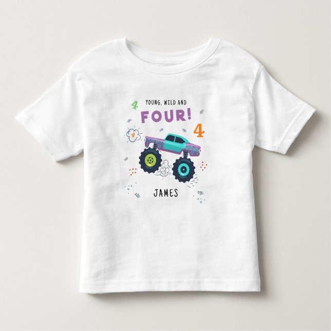 Young Wild And Four 4th Birthday Kids Monster Car Toddler T-Shirt (Front)