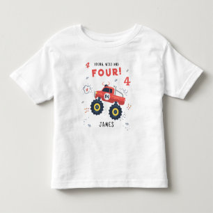 Young Wild And Four 4th Birthday Kids Monster Car Toddler T-Shirt
