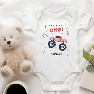 Young Wild And One 1st Birthday Kids Monster Car Baby Bodysuit