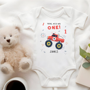Young Wild And One 1st Birthday Kids Monster Car Baby Bodysuit