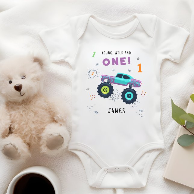 Young Wild And One 1st Birthday Kids Monster Car Baby Bodysuit (Creator Uploaded)