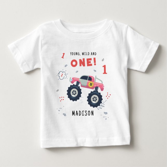 Young Wild And One 1st Birthday Kids Monster Car Baby T-Shirt (Front)