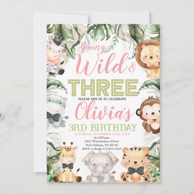 Young Wild and Three, 3rd Birthday Jungle Animals Invitation (Front)