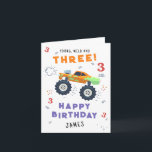 Young Wild And Three 3rd Birthday Kids Monster Car Card<br><div class="desc">Young Wild And Three 3rd Birthday Kids Monster Car Trucks Birthday Card Greeting Card features a cute and colourful monster car trucks with the text "Young, wild and three" in modern typography script accented with the number 3 and doodles. Below "Happy Birthday" personalise with your name and add your custom...</div>