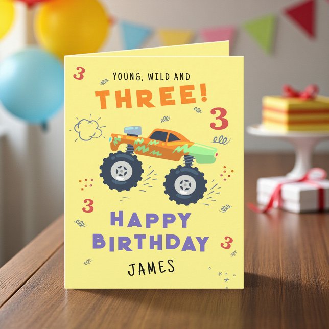 Young Wild And Three 3rd Birthday Kids Monster Car Card (Creator Uploaded)