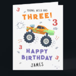 Young Wild And Three 3rd Birthday Kids Monster Car Card<br><div class="desc">Young Wild And Three 3rd Birthday Kids Monster Car Trucks Birthday Card Greeting Card features a cute and colourful monster car trucks with the text "Young, wild and three" in modern typography script accented with the number 3 and doodles. Below "Happy Birthday" personalise with your name and add your custom...</div>