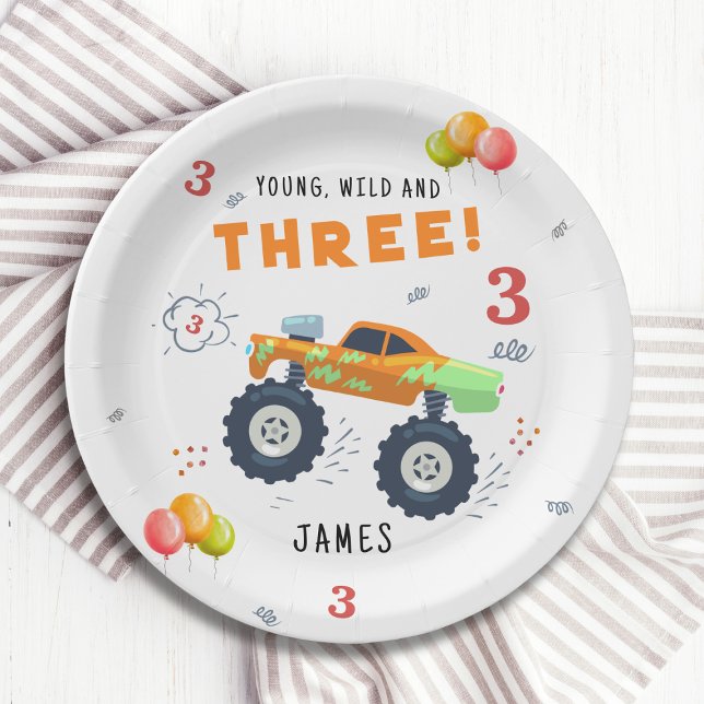Young Wild And Three 3rd Birthday Kids Monster Car Paper Plate (Creator Uploaded)