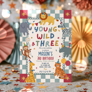Young Wild And Three 3rd Birthday Party Animals Invitation