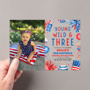 Young Wild and Three 4th July 3rd Birthday Party Acrylic Invitations