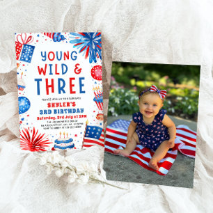 Young Wild and Three 4th July 3rd Birthday Party Invitation