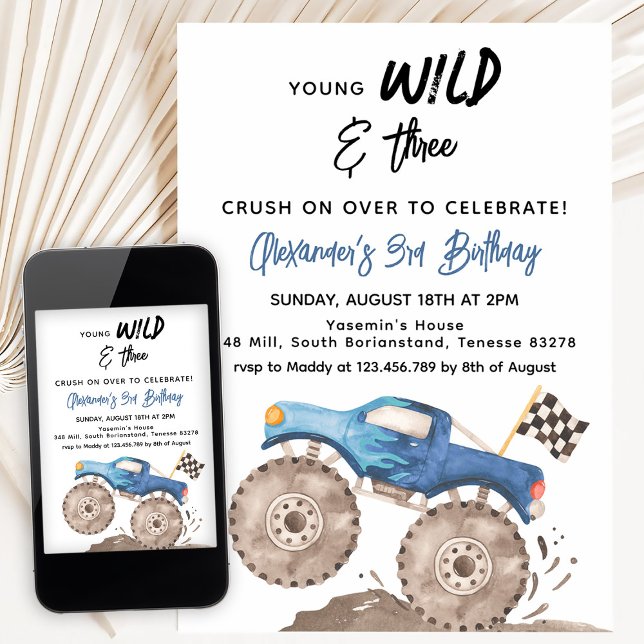 Young Wild and Three Birthday Blue Monster Truck Invitation (Creator Uploaded)