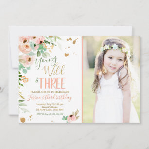 Young Wild and Three Birthday Floral Pink Gold Invitation