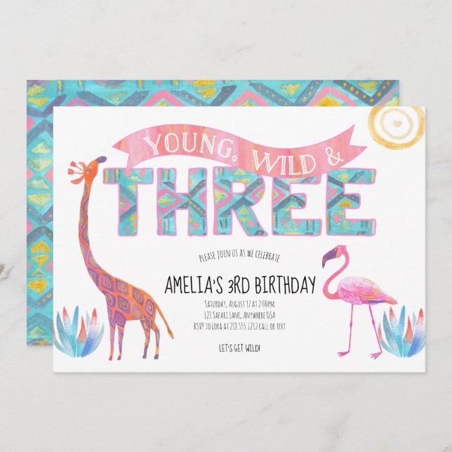 Young, Wild and Three Birthday Invitation (Front/Back)
