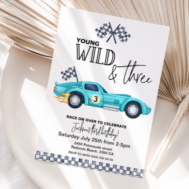 YOUNG Wild and THREE  Birthday invitation (Young wild and three race car birthday invitation)