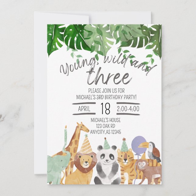 Young, Wild and Three birthday invitation  (Front)