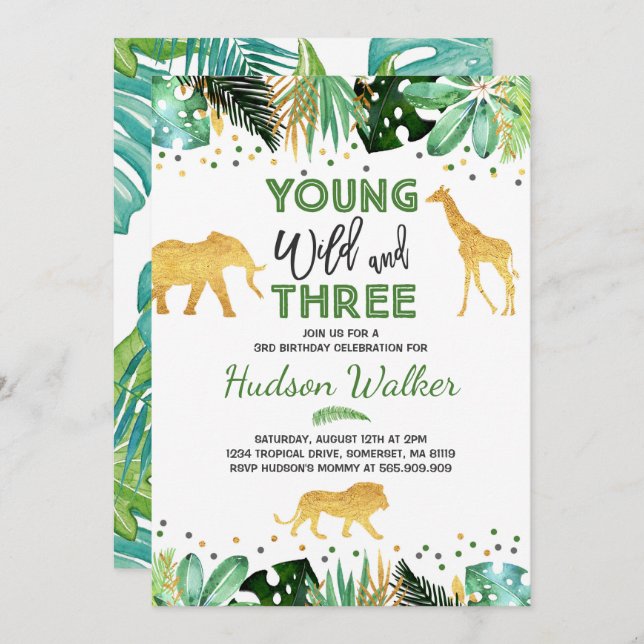 Young Wild And Three Birthday Invitation Jungle (Front/Back)