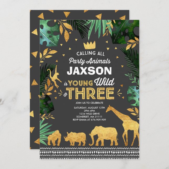 Young Wild And Three Birthday Invitation Jungle (Front/Back)