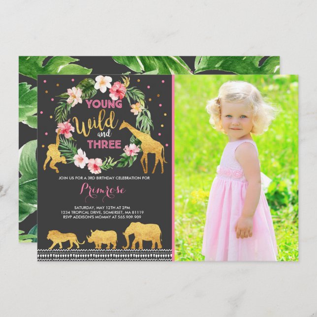 Young Wild And Three Birthday Invitation Jungle (Front/Back)