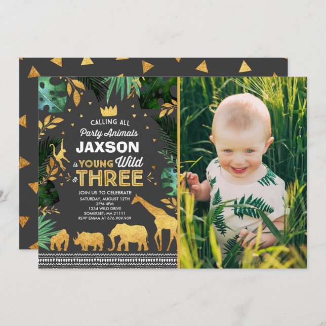 Young Wild And Three Birthday Invitation Jungle (Front/Back)