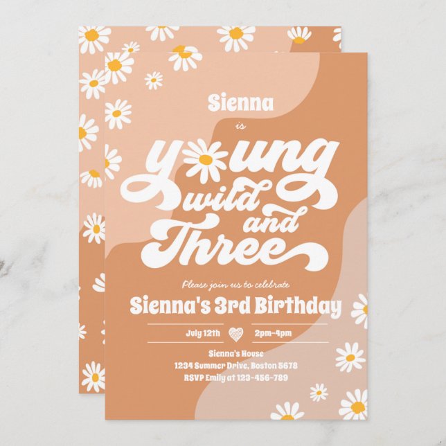 Young Wild And Three Birthday Party Boho Daisy Invitation (Front/Back)