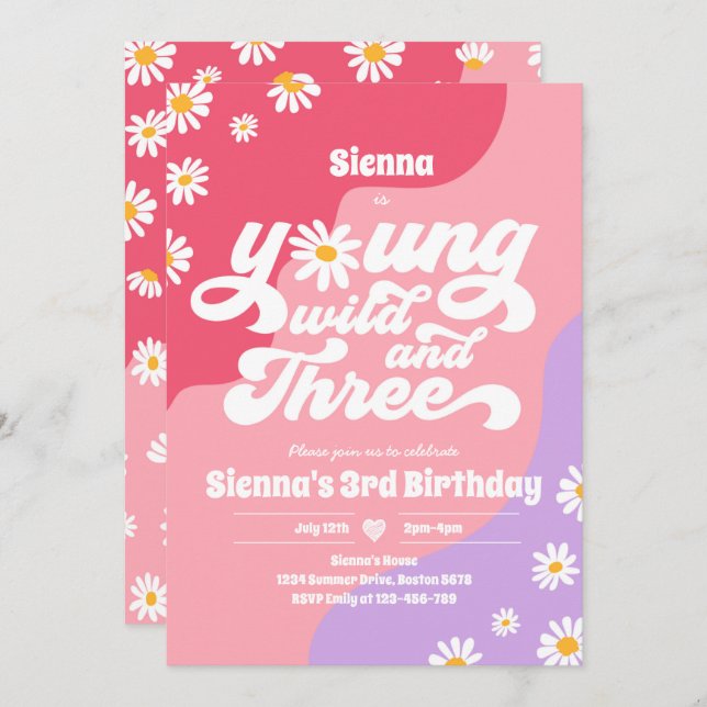 Young Wild And Three Birthday Party Boho Daisy Invitation (Front/Back)