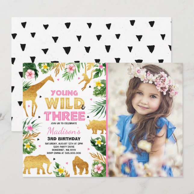 Young Wild And Three Birthday Safari Animals Invitation (Front/Back)