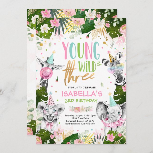 Young Wild And Three Birthday Safari Animals Party Invitation (Front/Back)