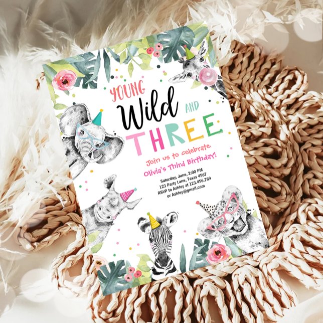 Young Wild and Three Birthday Safari Girl Animals Invitation (Creator Uploaded)