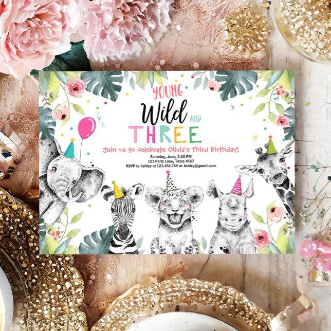 Young Wild and Three Birthday Safari Girl Animals Invitation (Creator Uploaded)