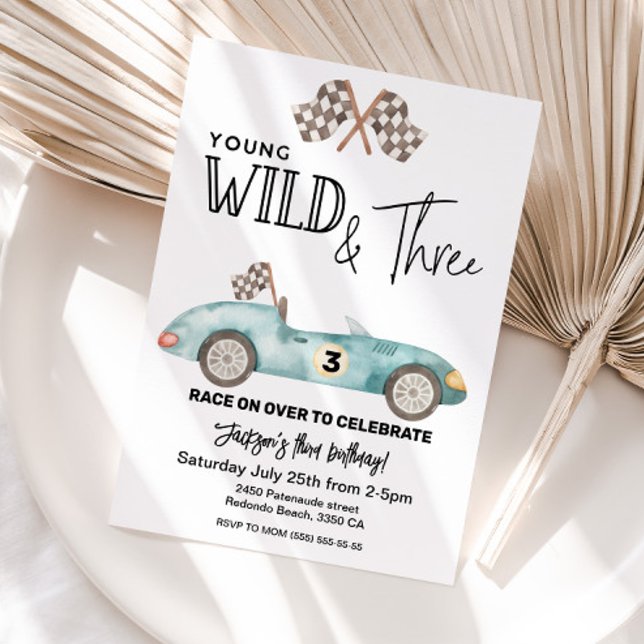 Young Wild and THREE Blue Race car 3rd birthday Invitation (Young Wild and Three race car birthday invitation)