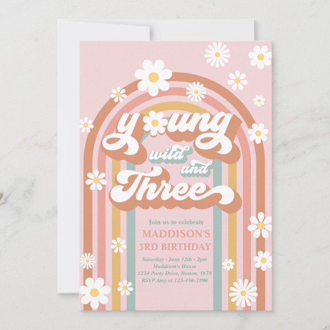 Young Wild And Three Boho Daisy Rainbow Birthday Invitation (Front)